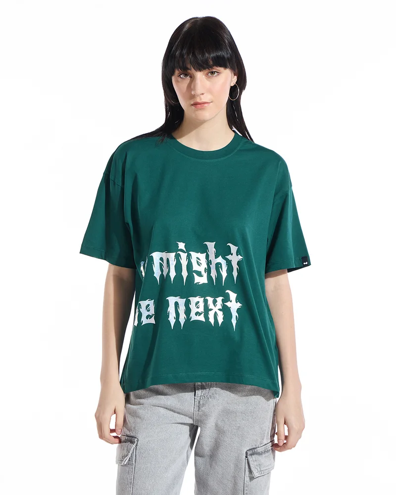 بيواكوف Women's Green Ghosting Graphic Printed Oversized T-shirt